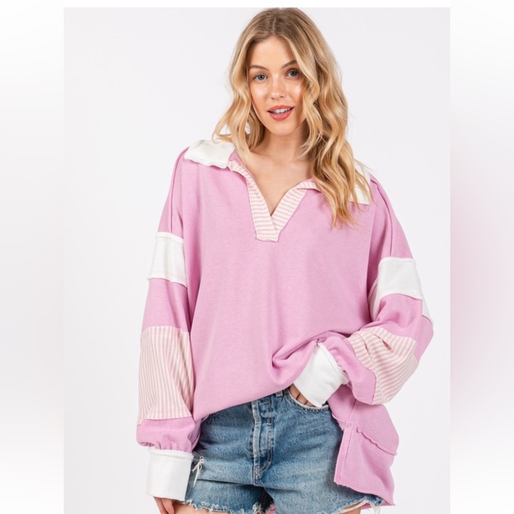 13 Striped Contrast Collared Pullover Sweatshirt - Picture 2 of 7